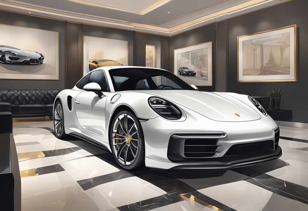 A sleek Porsche sits in a showroom, surrounded by luxurious decor.