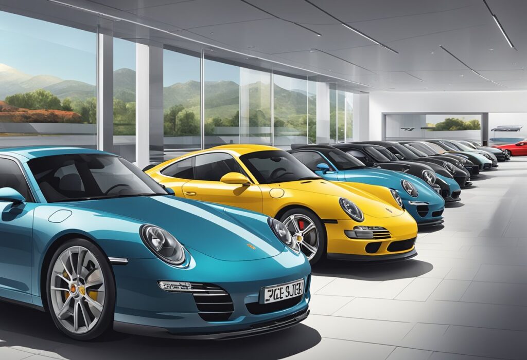 A lineup of sleek Porsche cars in a showroom, showcasing a variety of models and colors.