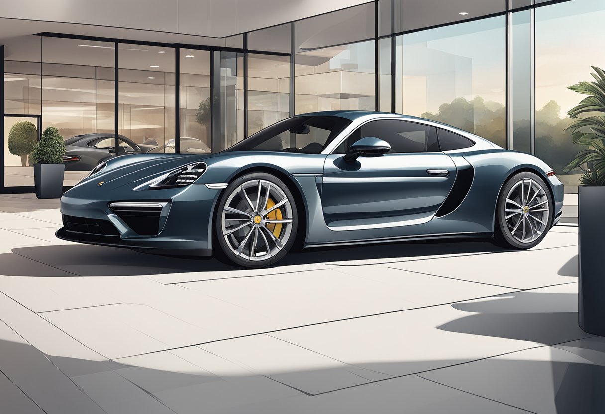 A sleek Porsche sports car parked in front of a luxury dealership. The car is surrounded by a modern and upscale environment, conveying exclusivity and sophistication