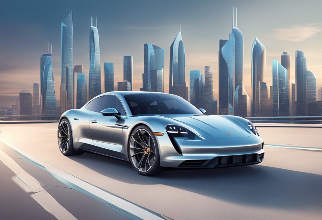 A sleek Porsche sports car surrounded by a modern and upscale environment, conveying exclusivity and sophistication