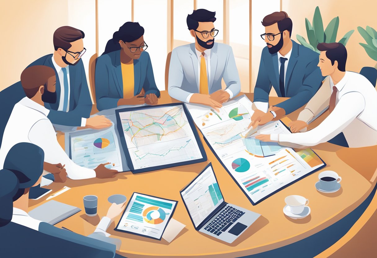 A team meeting, mapping out a long-term go-to-market plan, with charts and graphs on a conference table