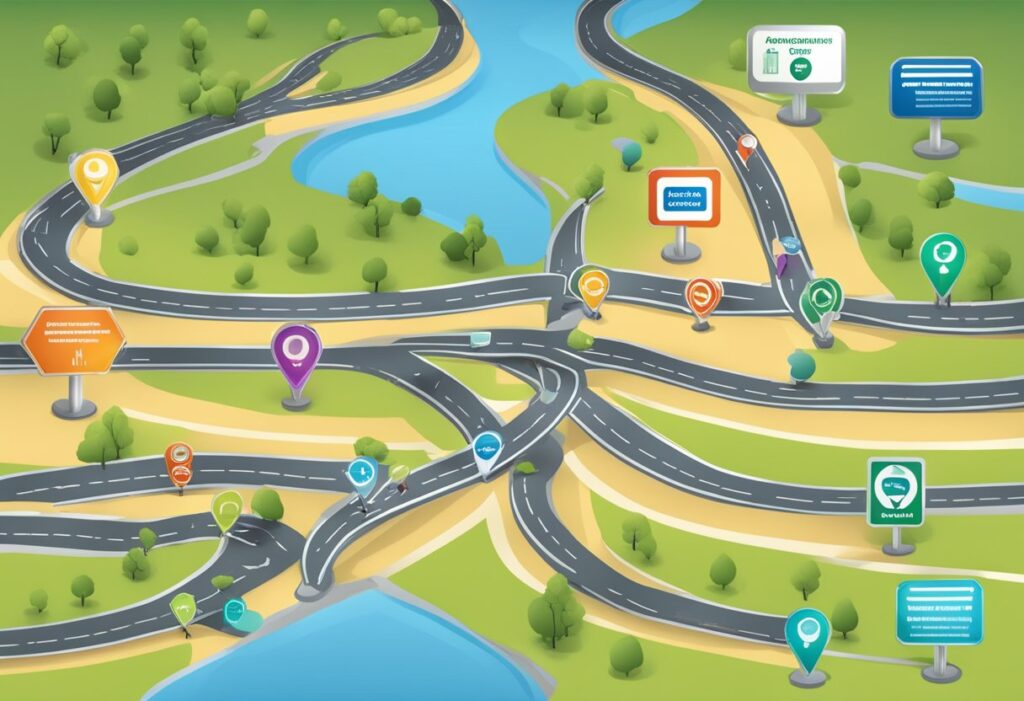 A map of interconnected roads leading to a central destination, with signposts labeled "Sales Alignment" and "Customer Journey Building."