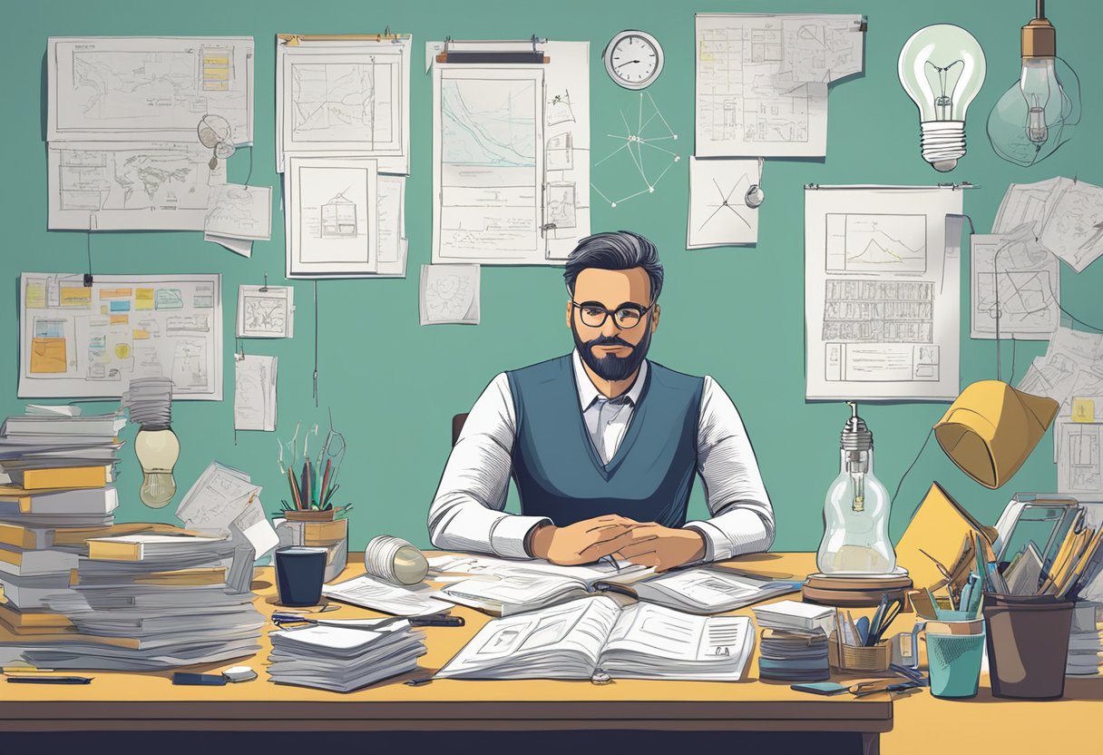 An inventor sits at a desk, surrounded by sketches and notes. A light bulb symbolizes the idea, while empty pockets represent lack of funds