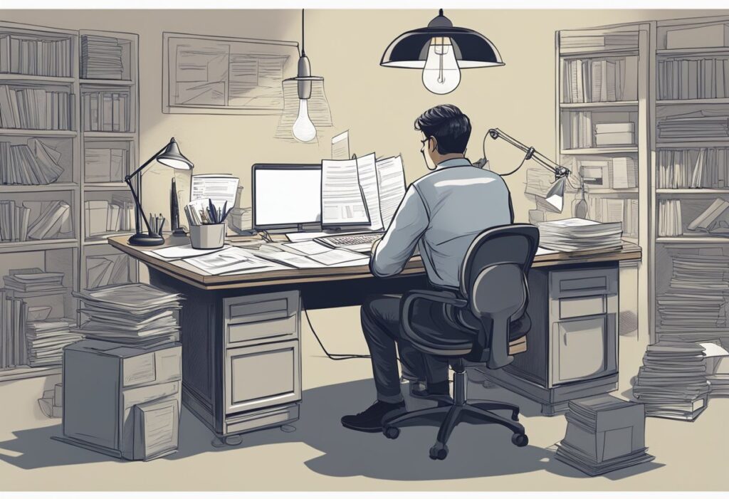 A person sits at a desk, surrounded by papers and a laptop. A light bulb hovers above their head, symbolizing their invention idea