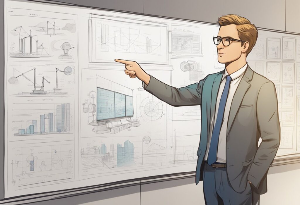 A person stands pointing to a presentation board with invention sketches. They appear determined but financially limited