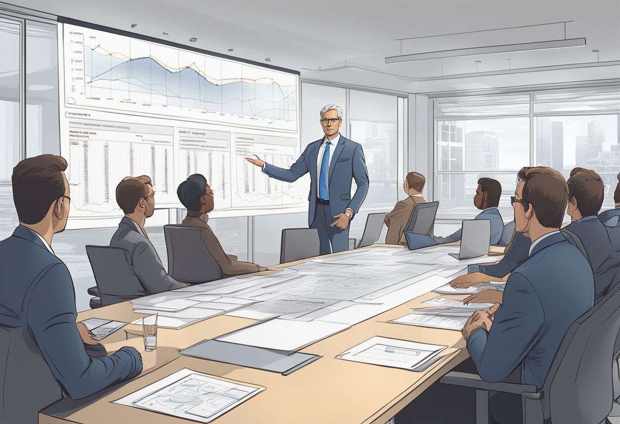 A confident inventor presents a detailed patent to a group of executives in a sleek boardroom, gesturing towards a large presentation screen displaying impressive data and diagrams