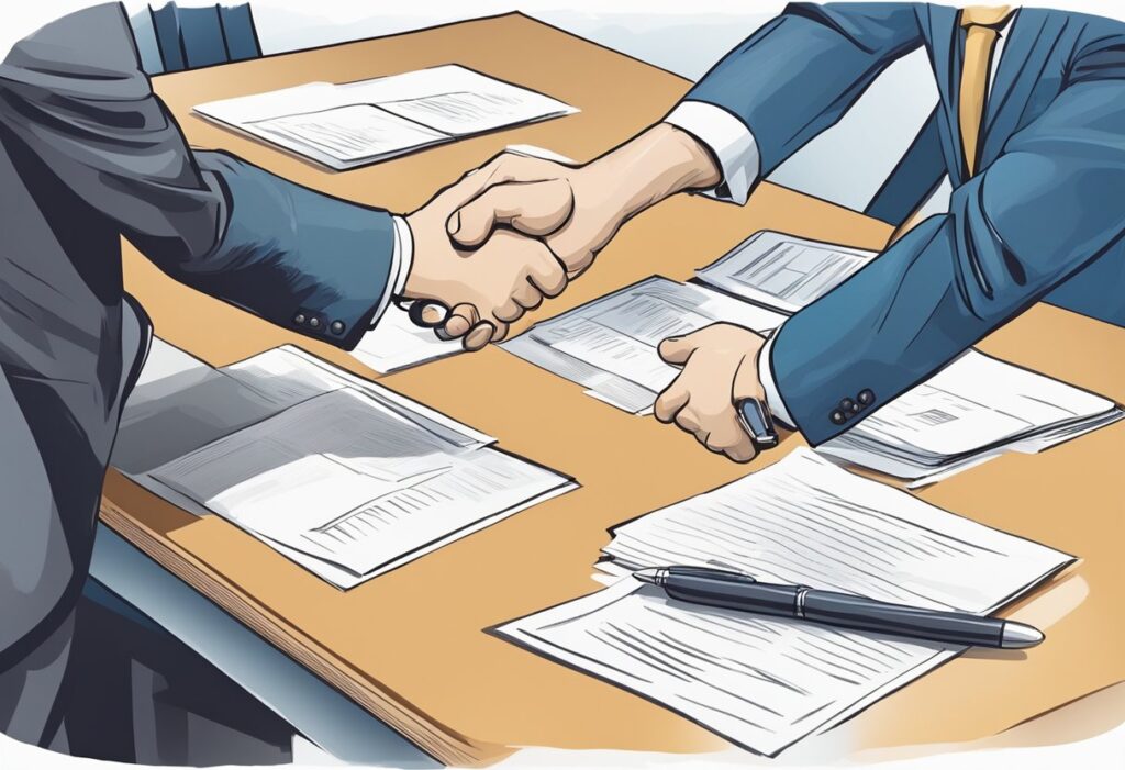 A table with paperwork, a pen, and a handshake between two individuals, representing the negotiation and agreement to sell a patent to a big company