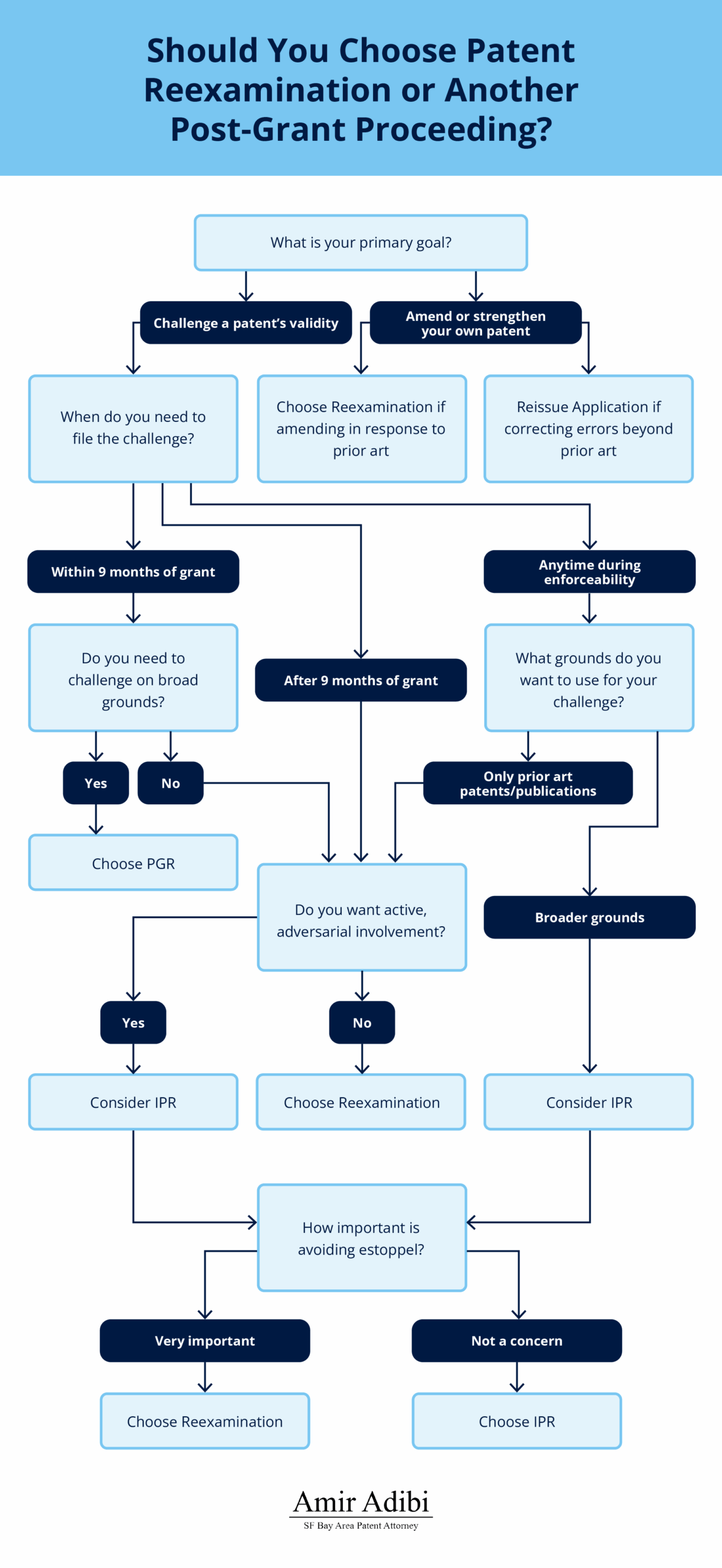 Decision flowchart comparing reexamination, IPR, and PGR based on timing, estoppel risk, and grounds for challenging a patent.