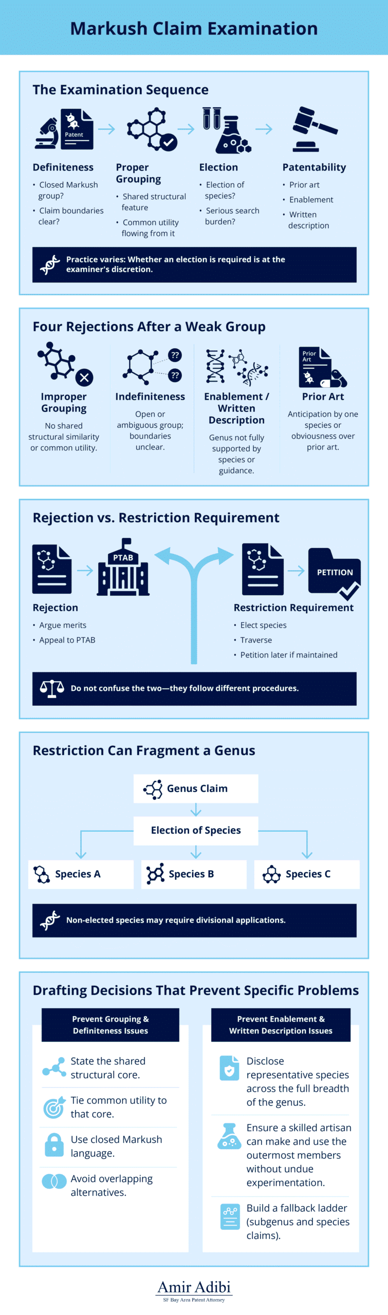 Markush Claim Examination: Infographic of the examination sequence in the order examiners actually apply it, the four rejections that follow a weak group, the restriction machinery that fragments a genus, and the drafting decisions that prevent all of it.